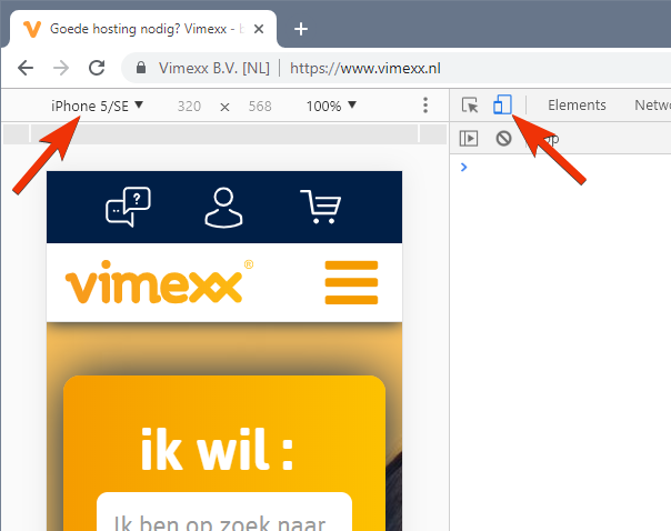 Vimexx website responsive DevTools